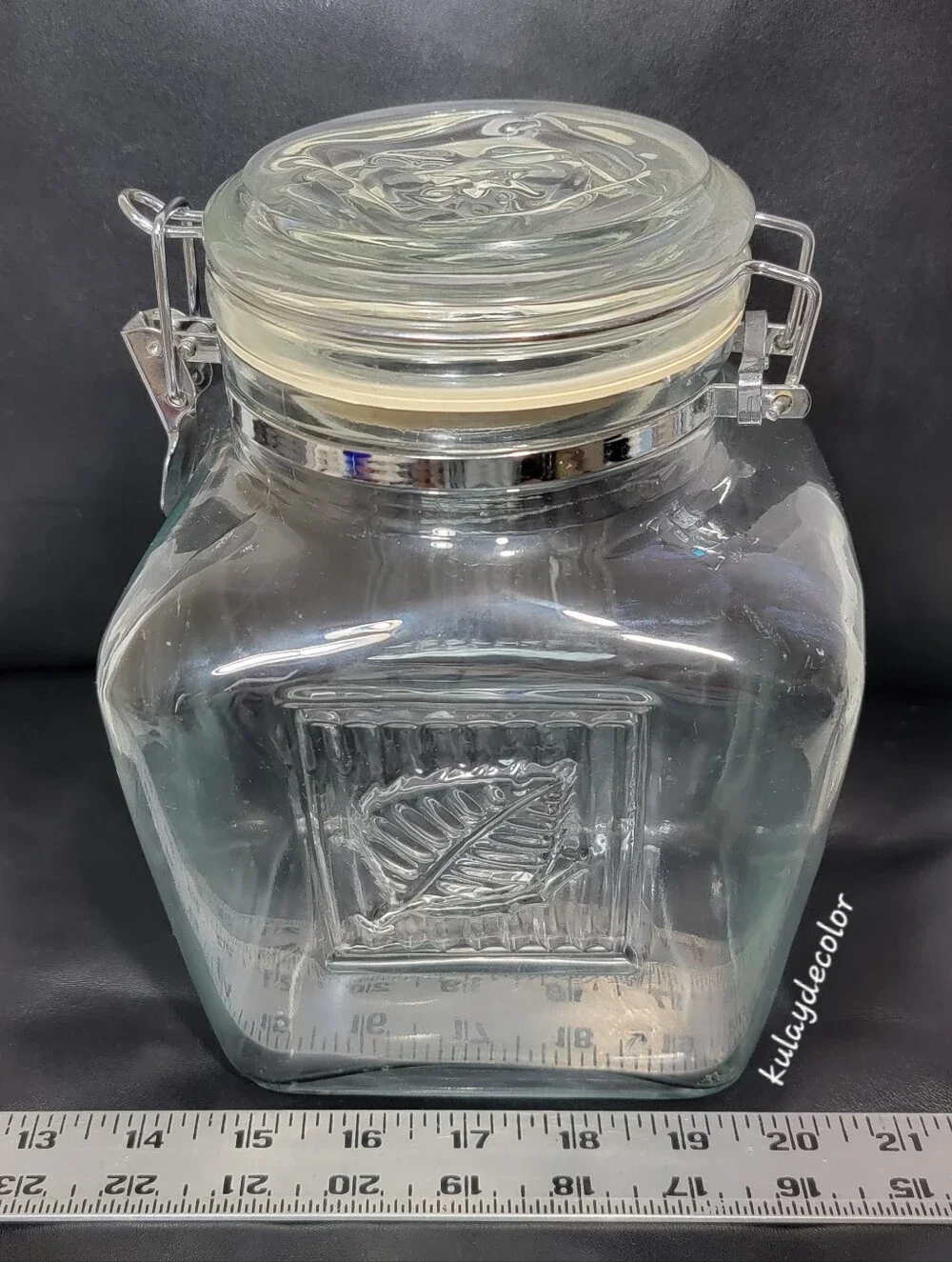 Vintage Large Glass Canister Embossed Leaf Hermetic Jar Hinged Bail Lid 8.75